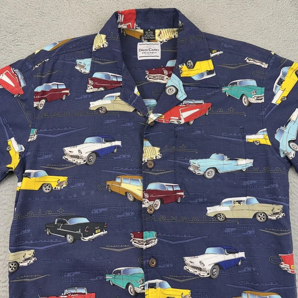 David Carey Shirt Mens‎ Medium Navy Hawaiian Aloha Camp Chevrolet Classic Cars